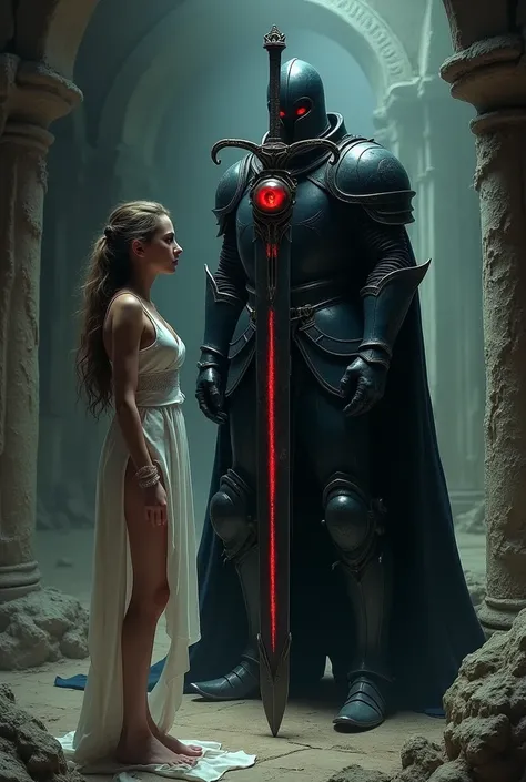 (photorealism:1.2), dark Knight, red eyes, dark helmet without mouth, black armor, He carries a broad-bladed sword upon which is a red eye with a slithered pupil., pointing his sword at a beautiful elven woman wearing a revealing white dress, barefoot, sca...