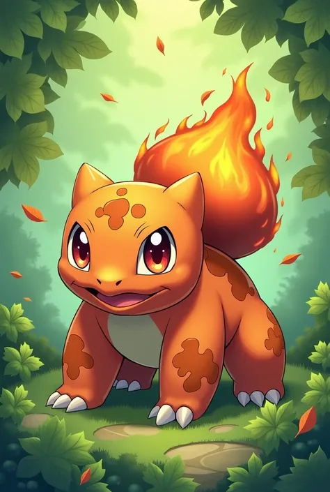 Create an exact copy of the pokemon bulbasaur but it is fire type, orange body color, anime drawing style with abstract green background with leaves in vector 