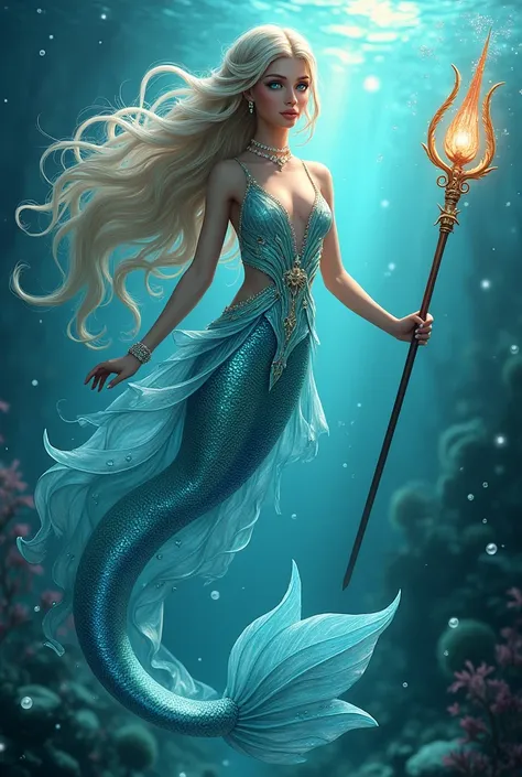 “A mermaid with sparkling blue eyes and long, with iridescent tail and hair, which change shades from deep blue to sea green. She wears an elegant aquatic outfit made of flowing fabrics., translucent fabrics, reflective light, with iridescent blue and silv...