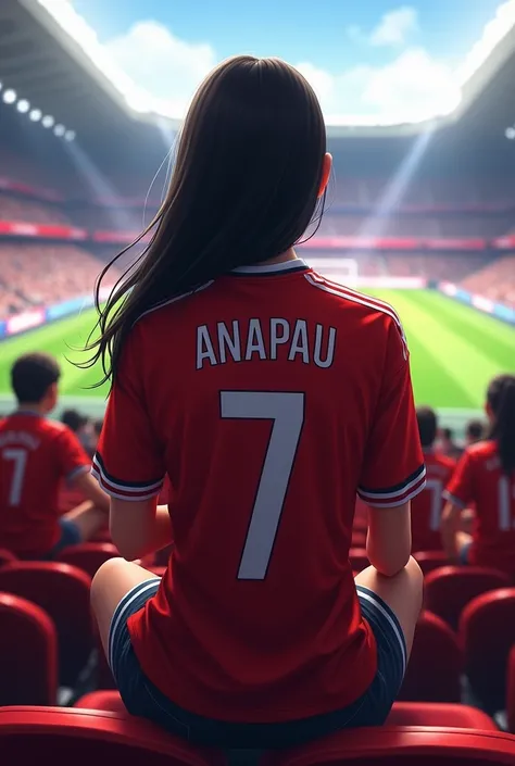 A girl sitting with her back turned in a stadium wearing a Real Madrid shirt that says Anapau and the number 7 with her hair down 