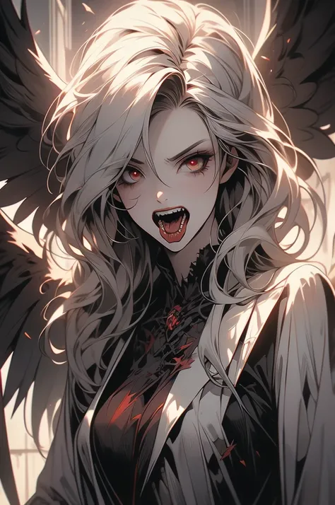 1girl, cursed angel, accursed flesh, red bones, torn wings, mad eyes, aggressive, long tongue, evil, mad, insane