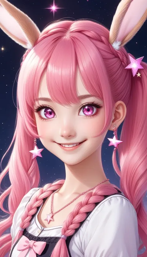 Twin tails, Inner Color, Braided bangs, Pink hair color smiling, Pink eyes, Character portrait, Star Hair Accessories, Sparkle Effect, Character Design, Rabbit

