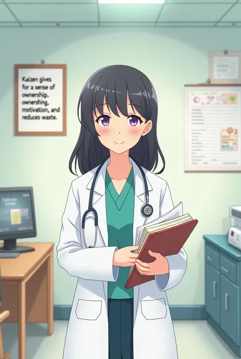 Please create a cute anime of a doctor standing in hospital having a stethoscope in neck and holding history of the patient for wallpaper of a laptop and the room having a wall frame written on it "kaizan gives you sense of ownership, motivation and reduce...