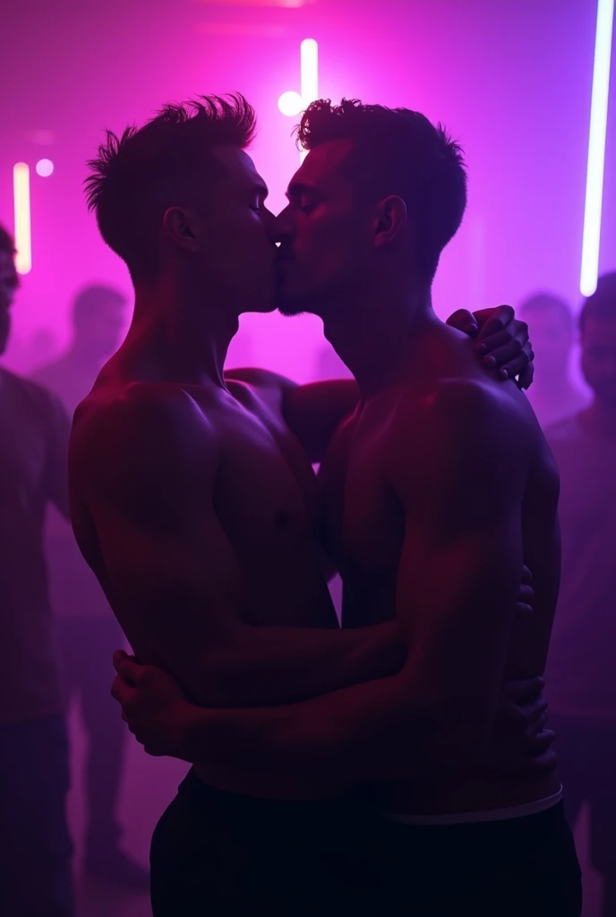 Two guys kissing in neon purple lights at a bar