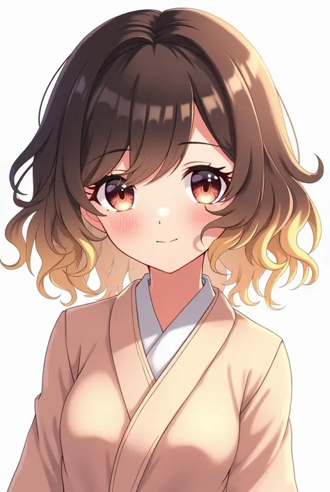 create an anime style pngtuber in images, with shoulder length curly hair in dark brown color, with bleached highlights in the front in cream color. with Nahida&#39;s body 
