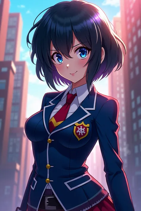 Anime girl black hair and blue eyes uniform version boku no hero Academia