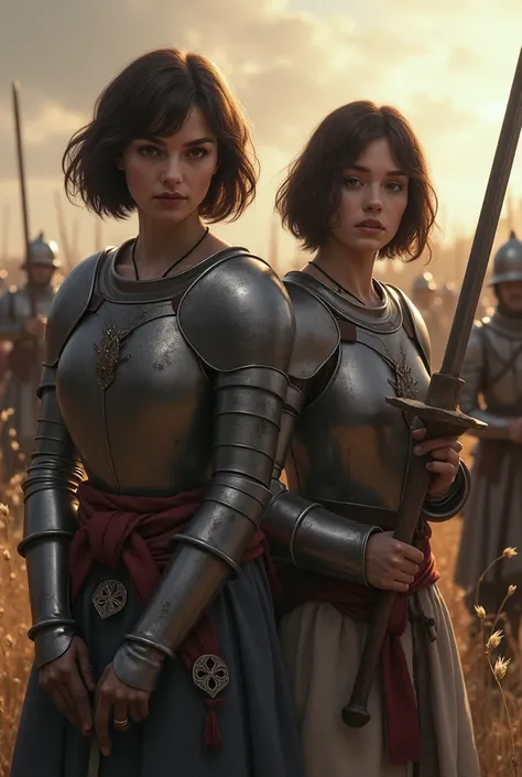 Create a 2 woman from medieval France in the midst of the Hundred Years&#39; War. That has short hair, dark brown, seeds. Brown eyes that bring an air of purity, but strength and wisdom. She is wearing simple armor and she alone is fighting English soldier...