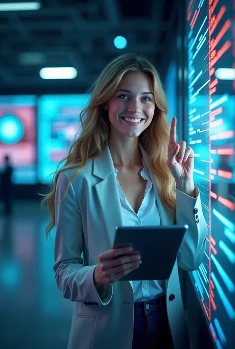 Create a poster in landscape format where there is a young Western Caucasian woman with long hair smiling, holding a tablet in her left hand and pointing her index finger at a futuristic screen presenting a technology course in her right hand.