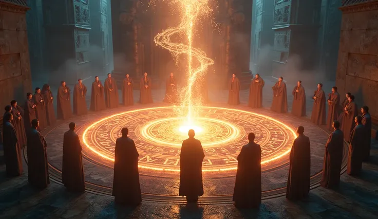 The Magic Ritual**: A magic circle floating above the ground, illuminated by ancient runes that glow intensely. A group of mages stand around, arms raised, channeling powerful energy that creates a sphere of light in the center of the circle. The surroundi...