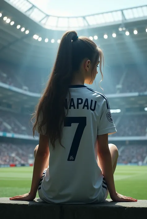 A girl sitting with her back turned in a stadium with a Real Madrid shirt that says Anapau and the number 7 with her hair down