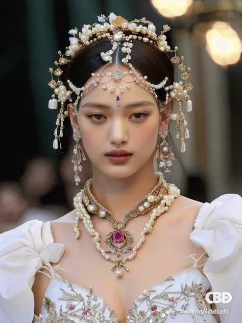 a model wears a fountain made of pearls and pearls y de ojos rosados, Forehead Jewelry, Elaborate and ornate headdress, ornate fountain, elaborate hair worn up, delicate ornaments, elaborate hair, adorned hair, Pearls and chains, Jewel adornment on the for...