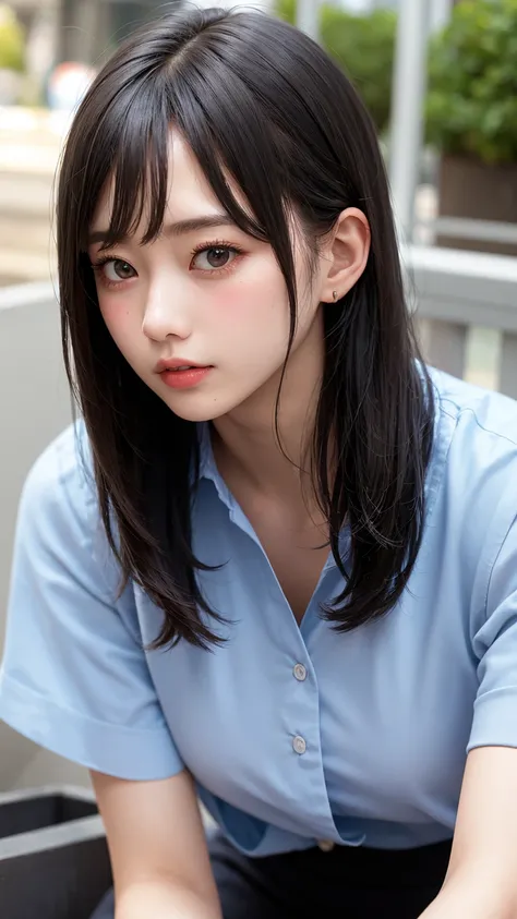 High resolution、超High resolution、photograph、Japanese Women、Looking into the distance、cute、Age 25、Random Hairstyles、Highly detailed skin、Rough skin、Detailed chest、Japanese、Leaning forward、Blue blouse shirt、office lady、Beautiful profile、Gazing Eyes、Clear ski...