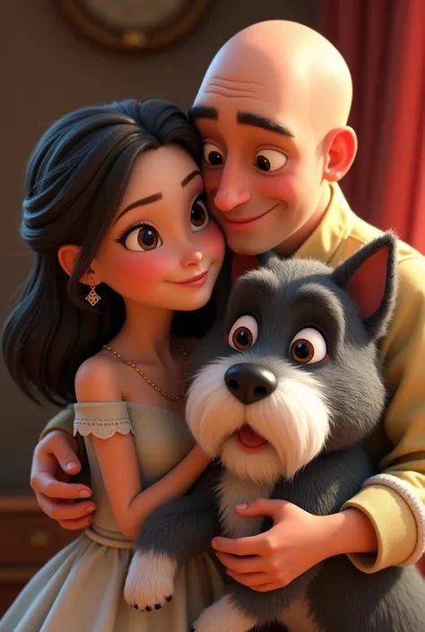 Disney Pixar style image of a Prince Charming with very very short hair, almost bald, white skin brown eyes, giving a kiss on the head to his long black haired snow white wife, white skin brown eyes y pecas, Pretty and her daughter, a  girl with light brow...