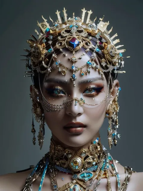 A woman with an elaborate headdress and a necklace and golden eyes., intricate chrome headpiece, Portrait of a cyborg queen, intricate cyberpunk makeup, Elaborate and ornate headdress, his head covered in jewels, covered in jewels, intricate costume design...