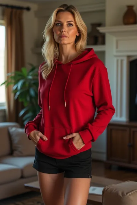 Hot blonde 40 woman standing in living room wearing red hoodie, black short shorts and white low cut ankle socks. Zoom out and Show feet with low cut ankle socks