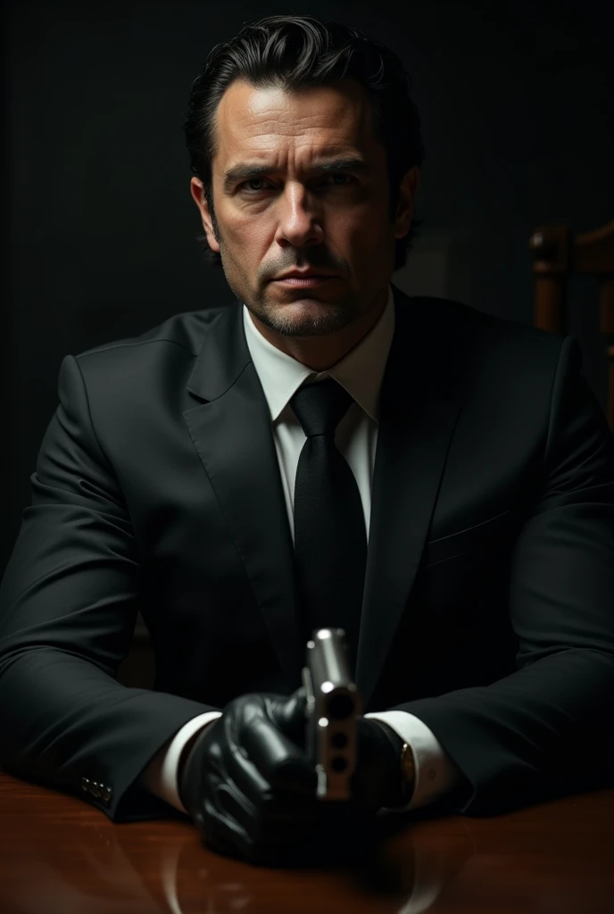 Realistic image of a 30-year-old mafia man A man in a suit emerges from the shadows, sitting behind an imposing dark wood desk. In one of his hands, covered by a black leather glove, He holds a gun calmly, while his fingers gently caress her, as if it were...