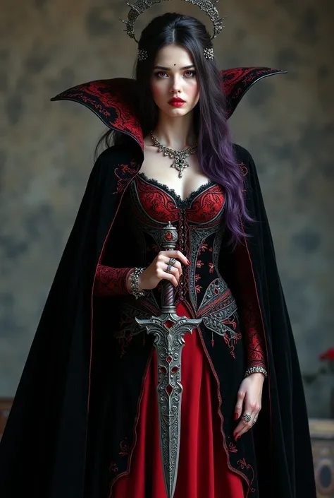 “A vampire with piercing red eyes and long black hair, which flow down to the waist and have a slight purple sheen. She wears an elegant dress of dark velvet and silk in deep shades of red and black., decorated with silver and scarlet embroidery in the for...