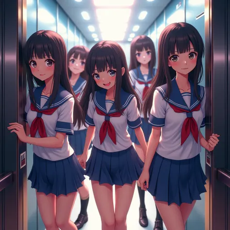 Walking and Speaking ((Laughter and screams)) and loud voices, ExtremelyDetailed(a group of SchoolGirls entering an elevator), (realistic), beautiful detailed Reflective eyes, beautiful detailed lips, extremely detailed eyes and face, long eyelashes, schoo...