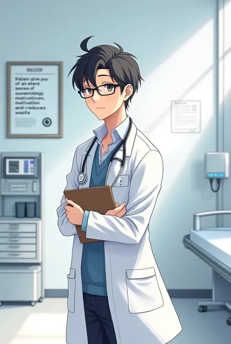 Please create a cute anime of a male  doctor having a beautiful glasses for eye standing in hospital general ward having a stethoscope in neck and holding history of the patient and the ward having a wall frame written on it "kaizan gives you sense of owne...