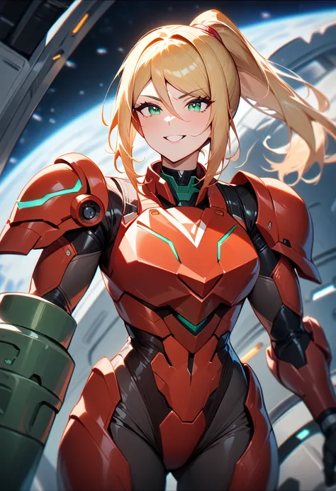 1girl,samus aran,solo,helmet, green eyes,blonde hair,power armor,ponytail,arm cannon,red chest armor, big shoulder armor,cowboy ...