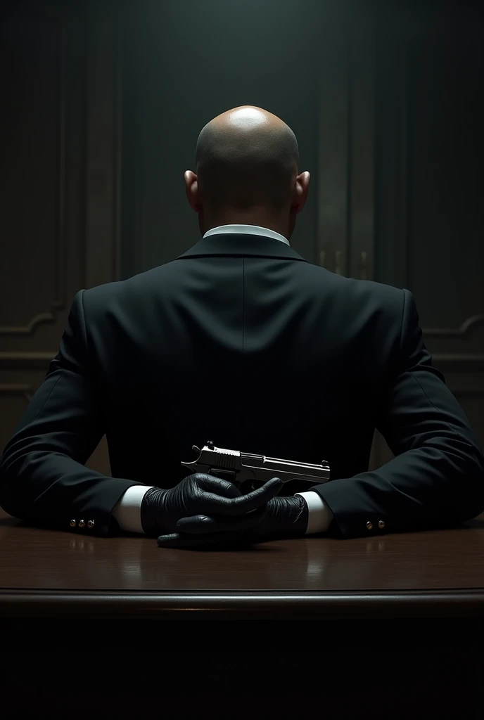 Realistic image of a mobster man in a suit emerges from the shadows, sitting behind an imposing dark wooden desk with his back to the. In one of his hands, covered by a black leather glove, He holds a gun calmly, while his fingers gently caress her, as if ...