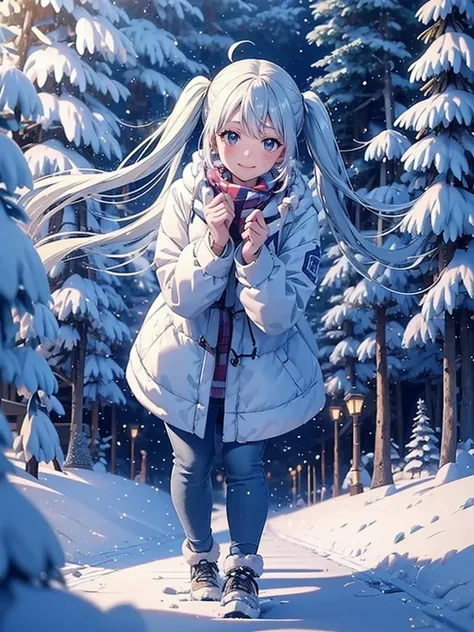 The park is covered in snow.、The footprints are clear、Light blue long hair、Beautiful girl with twin tails、Yellow down coat、My beloved Labrador Retriever、Footprints of a girl and her dog in the snow、A happy smile、The footprints are clear、High angle