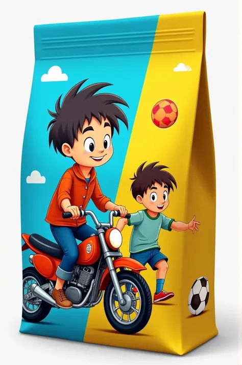 Chocolatina (blue and yellow color) The packaging is divided into 2, on the one hand, the boy from 8 riding a motorcycle, On the other hand, Kiko playing football 