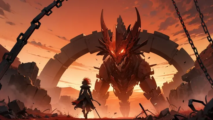 "This path is mine alone..."
"A wide anime shot of the character walking through an endless, barren landscape under a blood-red sky. Broken chains and remnants of a once great civilization scatter the ground around her. She walks alone, her figure small an...