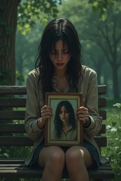 A woman sitting on a park bench crying with a photo of the boy in her hand 
