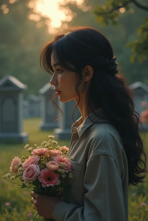 A sensitive and introspective young woman standing with long wavy hair and visiting her grandmother&#39;s grave with flowers in her hand she and the curly haired man meet at the cemetery often 
