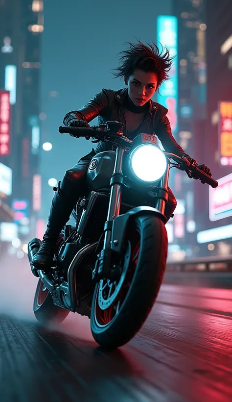 Cyberpunk style, tossy motorcycle girl riding at night city, no helmet