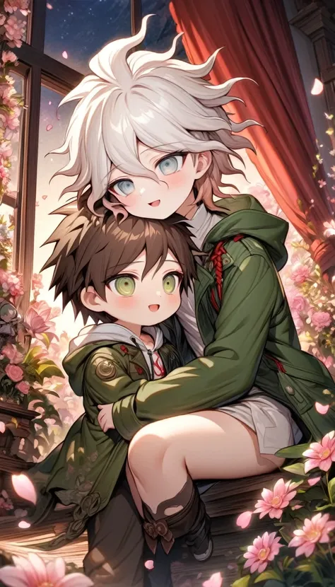 Ultra detailed, highres, absurdres, HDR, master piece, Komaeda Nagito chibi, expressive light gray-green eyes, white hair, green coat with hoodie, Hinata Hajime chibi, brown hair, expressive green eyes, white shirt, Danganronpa, two boys together, pink flo...