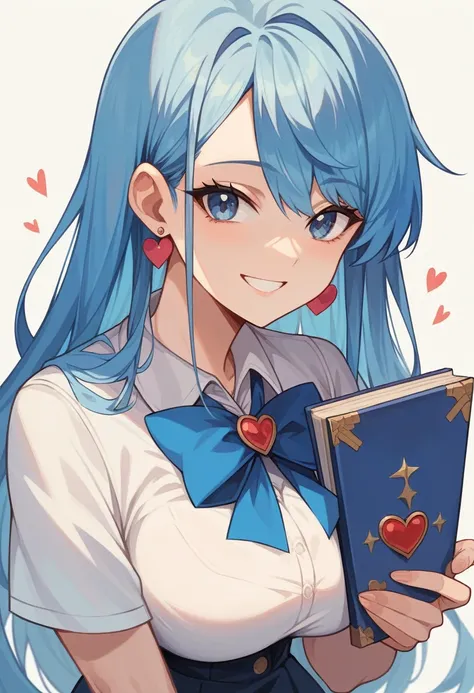 High resolution, masterpiece, accurate, Best Quality, Ultra high definition, Blue Hair/Light blue hair, Large Breasts, Heart-shaped earrings, smile, Anime Style, Digital Art, Long Hair, student