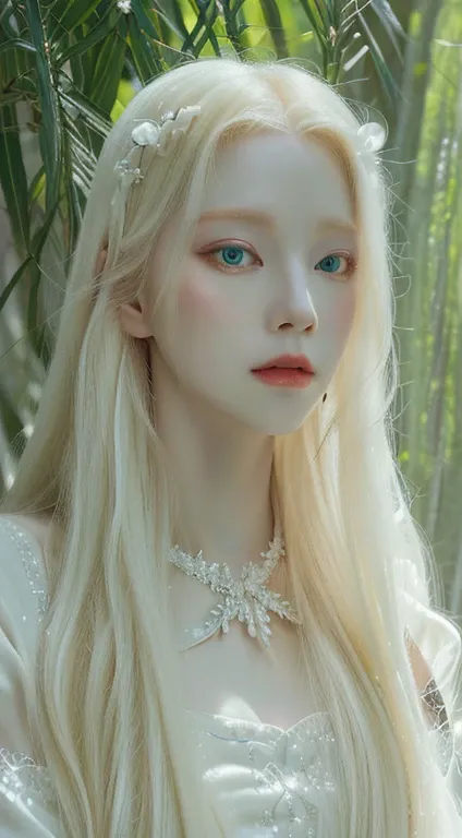 a closeup of a woman with long blonde hair wearing a white dress, portrait of albino mystic, albino pale white skin, by albino, pale porcelain skin, pale skin curly blonde hair, pale ivory skin, albino mystic, beautiful fantasy art portrait, pale porcelain...