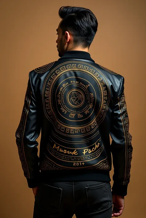 A man&#39;s jacket, It is for a musical group called Musuk Pacha. I want it to have the Nazca lines in the background, for it to be black and made of fabric. 