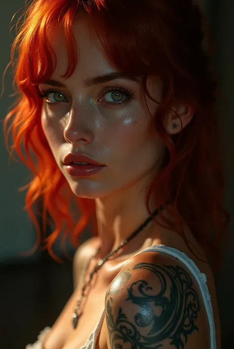 1girl, beautiful detailed eyes, beautiful detailed lips, extremely detailed face and eyes, long eyelashes, glossy skin, glossy lips, , red hair, tattoos, cinematic lighting, dramatic shadows, , (best quality,4k,8k,highres,masterpiece:1.2),ultra-detailed,(r...