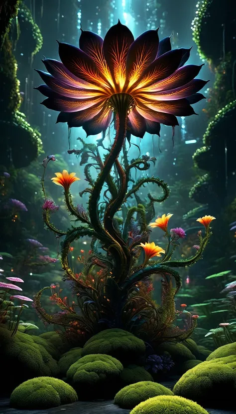 a stunning poster featuring a glowing alien flower in symbiosis against a black background, adorned with dark accents and moss d...