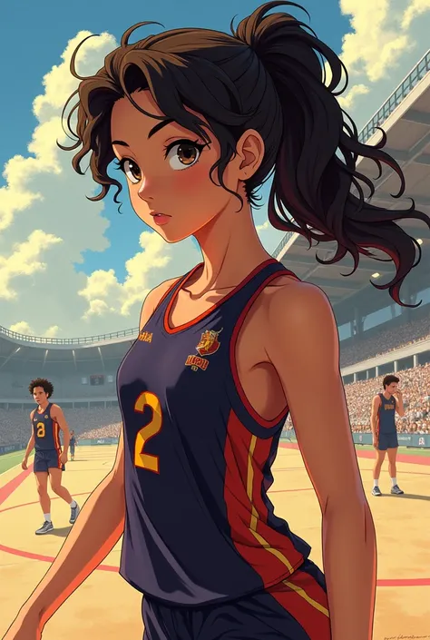 make me an anime woman in haikyuu style. she has curly dark brown hair tied in a ponytail, slightly slanted black eyes, pele morena.