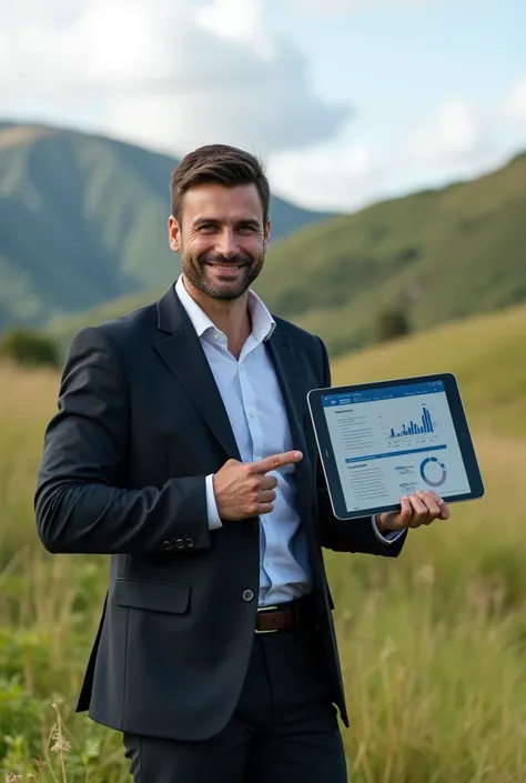 create a socially dressed model on a landscape background to measure: 2540px horizontal - 1080px vertical with a tablet in the right hand and with the left index finger showing on a screen a briefing of a course presentation