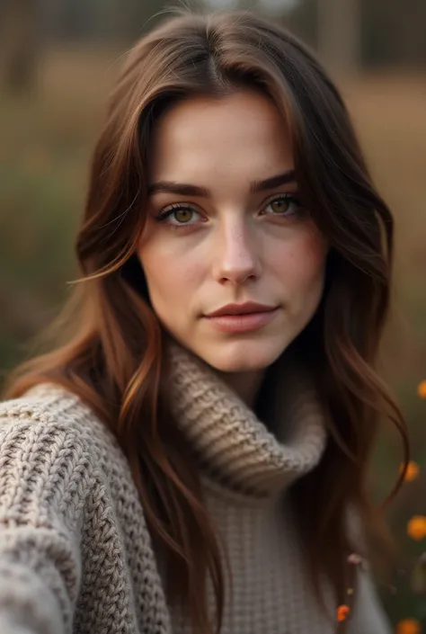 a beautiful slovak woman, with brown hair and brown eyes, oversized sweater, selfie