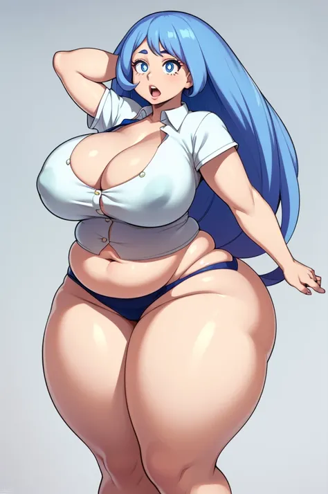 nejire hado, 1girl, solo, long hair, breasts, looking at viewer, open mouth, blue eyes, skirt, large breasts, simple background, shirt, white background, blue hair, white shirt, short sleeves, thighs, collared shirt, arm up, thick thighs, green skirt, arm ...