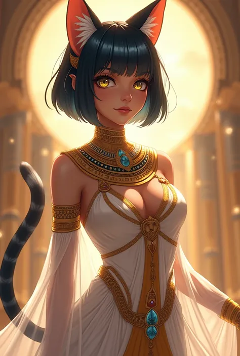 a beautiful delicate anime style egyptian cat goddess bastet with a human face, brown skin, egyptian clothing, delicate facial features, short bluish black hair, cat ears and tail, full body