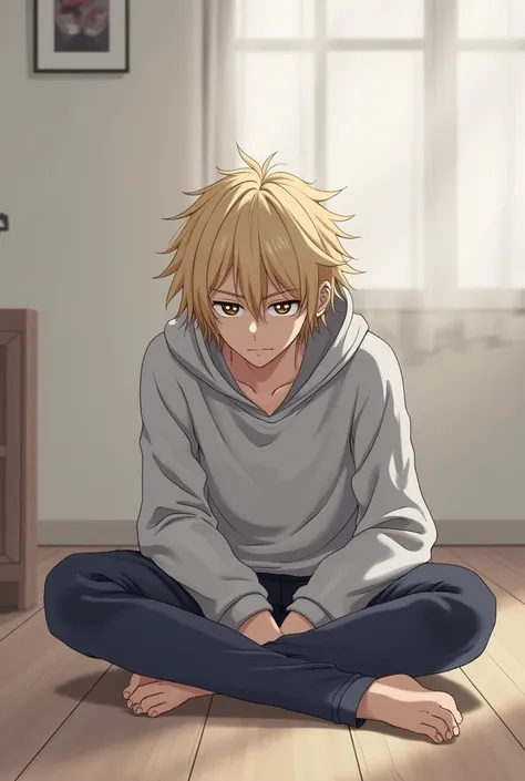 Create a picture of KENMA kozume from haikyu anime sitting on the floor while tired
