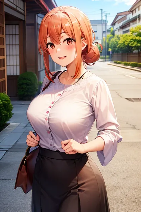 (hdr, highest resolution, best quality, beautiful, raw image, super detailed skin, perfect anatomy, nsfw, POV)), , ((1girl)), (orange hair), brown eyes , (blushing:1.4), (((smile))) , , (slender), (large breasts), ((casual clothes, skirt, blouse, bag)) , (...