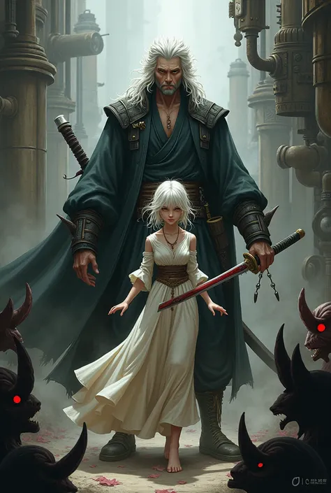 Make an illustration in the Ane style of a tall man with white hair with a katana in his hand surrounded by enemies. He is protecting his little sister who also has red eyes and white hair. The clothes and environment are steam punk.