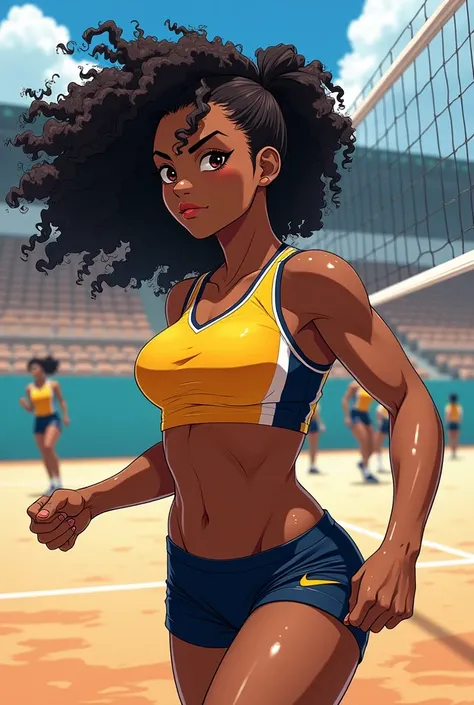 Black woman, curly hair, black eyes. volleyball player. anime style, haikyuu 