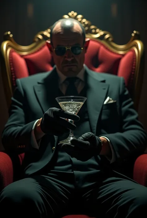 Realistic image of a mobster man in a suit emerges from the shadows, sitting in a very expensive armchair where it has Victorian finishes on its back. Only one of his hands is seen, covered by a black leather glove, He calmly holds a glass of vodka, while ...