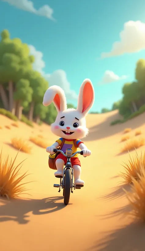 "A Disney-style scene of a small white rabbit wearing a colorful T-shirt and shorts, with a water bottle strapped to its back, riding a tiny bicycle. The rabbit has large, fluffy ears and a cheerful expression. It is pedaling toward a vast desert, with gol...