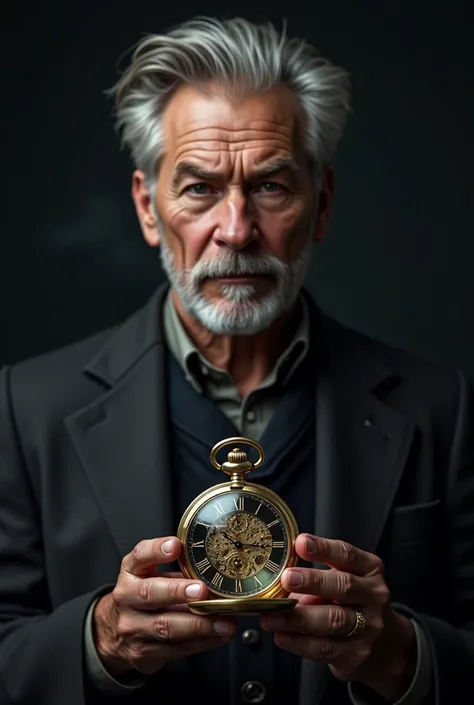 an older person holding a pocket watch that shows his face and has a dark aesthetic, the person who is not very old, approximately 40 years old, who has good posture