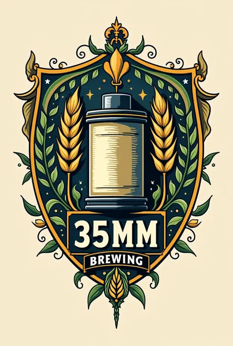 Logo for a beer brewing company "35mm Brewing", including film canister, hops plant, barley plant, like a coat of arms, Art Nouveau style